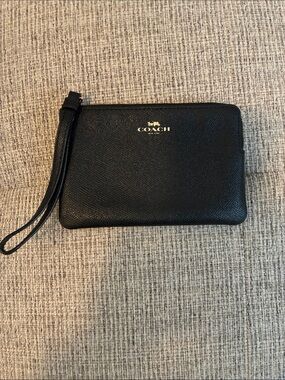 Coach Black Pebbled Leather Wristlet with Gold Logo